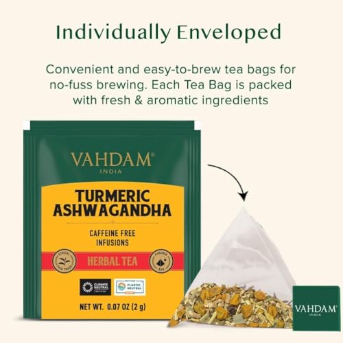 Image of VAHDAM, Turmeric Ashwagandha Herbal Tea Bags (15 Count) Caffeine Free, Non GMO, Gluten Free | 100% Pure Herbal Blend - Sweet & Earthy | Individually Wrapped Pyramid Tea Bags | Direct from Source