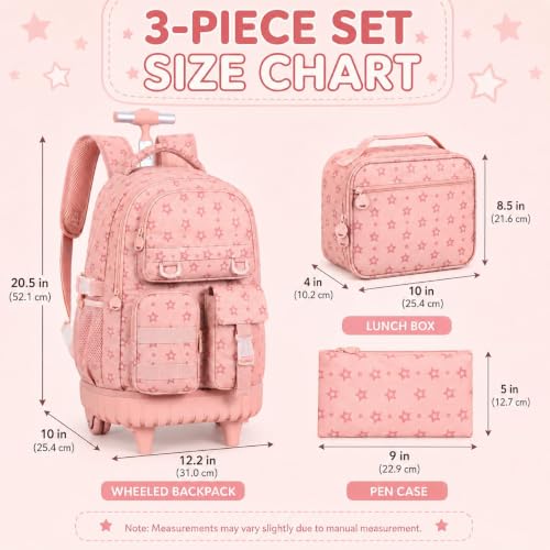 Image of CCJPX Rolling Backpack for Girls, 3Pcs Roller Wheeled School Bookbag, Star Wheels Backpacks with Lunch Box for Kids (Pink)