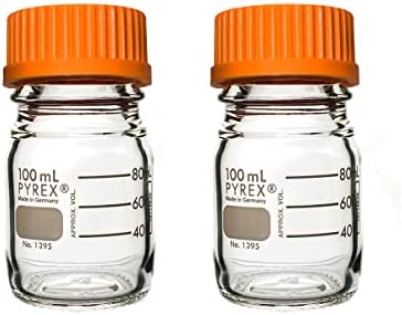 Pyrex Round Media Storage Bottle with GL45 Screw Cap - Borosilicate Glass Bottles with Caps - Premium Scientific Glassware for Labs, Classrooms or Home Use Glass Container, 100mL, 2/Pk