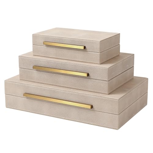 REEMTOO Decorative Boxes, shagreen box, Set of 3 Decorative Storage Boxes with Lids, Faux Shagreen Nesting Decorative Box for Home Decor, Bridal Trunk, Jewelry Keepsake Storage Boxes (Ivory 2)