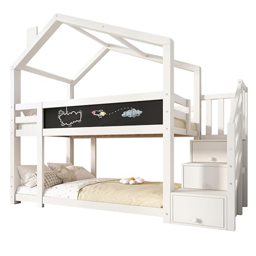 SogesPower Litera Casa en el árbol de 90 x 200 cm con pizarra, escalera de almacenamiento, cama de seguridad blanca, incluye 2 estructuras de láminas (sin colchón)