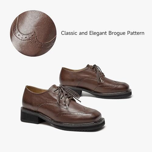 Image of BEAU TODAY Oxford Shoes for Women,Leather Brogue Dress Shoes,Comfort Brethable Ladies Lace-up Handmade Wingtip Shoes for Business Work