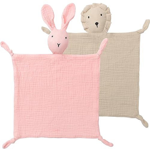 Image of Premium Soft Muslin Cotton Bunny & Lion Loveys Soft Breathable Newborn Security Blanket, Perfect Present for Baby Newborns, Toddlers Boy Girl, Neutral Fabric for Comfortable Sleep & Play