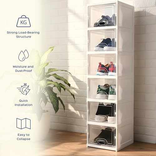 Image of HomeStrap 6 Layer Sneaker Pair Box Organizer | Stackable Shoe Storage with Transparent Front Door | Dust-Proof Shoe Box with Ventilated Back for Bedroom, Wardrobe & Entryway