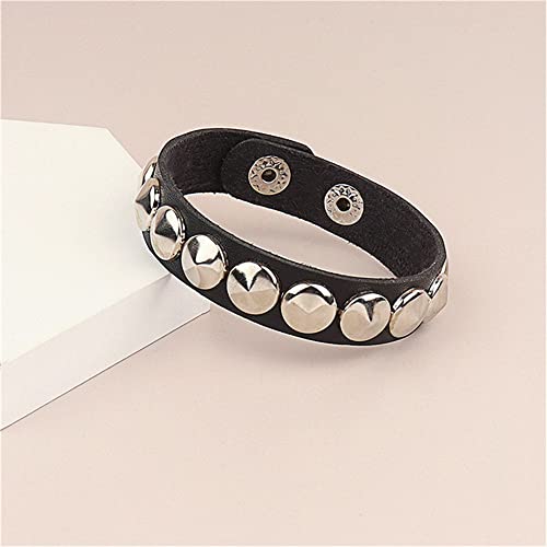 Spiked Studded Bracelet Black Leather Rivet Punk Bracelet Cuff Wrap Bangle Snap Button Metal Wristband For Men Women (Round Bracelet) #TOP4