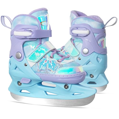 Nattork Adjustable Kids Ice Skates - 4 Size Adjustable Hockey Lace-Up Skates with Warm Plush Lining, Triple Safety Ankle Support, Stainless Steel Blades - Perfect for Boys and Girls Aged 3-12