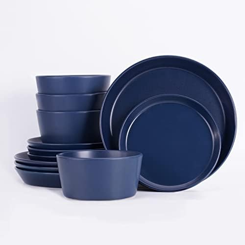 12 Piece Dinnerware Set, Stoneware dish set Service for 4, Kitchen Plates And Bowls Set,Blue Dinnerware Set