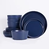 12 Piece Dinnerware Set, Stoneware dish set Service for 4, Kitchen Plates And Bowls Set,Blue Dinnerw
