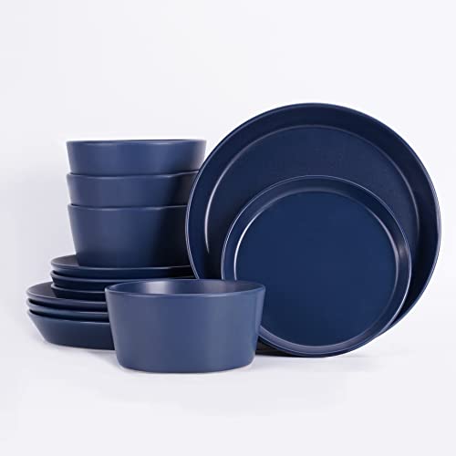 12 Piece Dinnerware Set, Stoneware Dish Set Service For 4, Kitchen Plates And Bowls Set,Blue Dinnerware Set #TOP3
