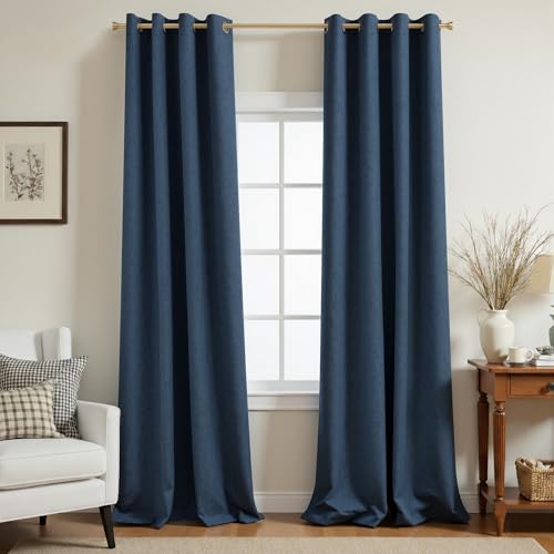 Image of 100% Blackout Linen Textured Curtains for Bedroom Full Light Blocking Room Darkening Bronze Grommet Window Drapes Thermal Insulated Energy Efficient Home Decor 52x108 Navy Blue (2 Panels)