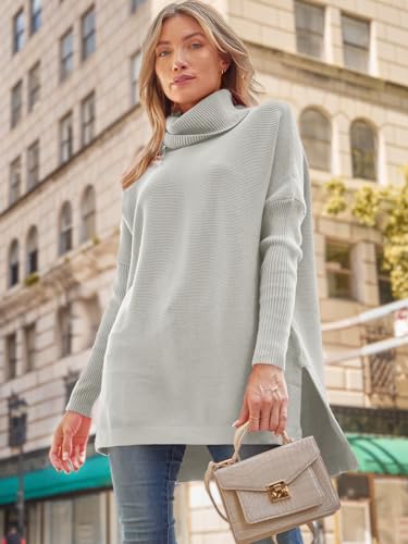 Image of LILLUSORY Women's Turtleneck Oversized Sweaters Long Batwing Sleeve Spilt Hem Tunic Pullover Knit Tops