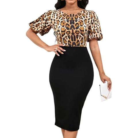 VisiChenup Women's Business Pencil Dress Sexy Puff Sleeve Wedding Guest Office Bodycon Work African Dresses with Zipper Leopard Black Cover