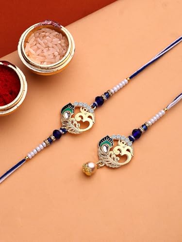 Image of Sukkhi Rakhi Creative Gold Plated with Meenakari Handwork Om Rakshabandhan Lumba Rakhi for Brother Bhaiya Bhabhi with Roli Chawal & Greeting Card|Set of 2|CBRAKL107454