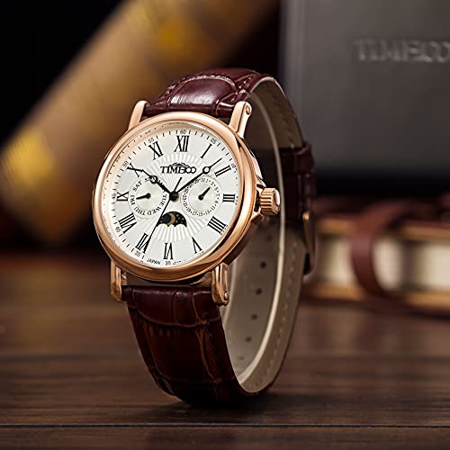 TIME100 Quartz Watches Men's Wristwatch Moon Phase Day Date Calendar Leather Strap 5ATM Waterproof Dress Japanese Analog Quartz Watches for Men