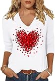 Scgirl Womens 3/4 Sleeve V Neck Valentine T Shirts Love Heart Printed Graphic Tee Tops (M,White)