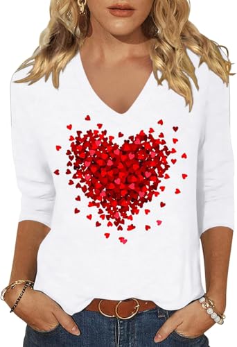 Image of Womens 3 /4 Sleeve V Neck Valentine T Shirts Love Heart Printed Graphic Tee Tops