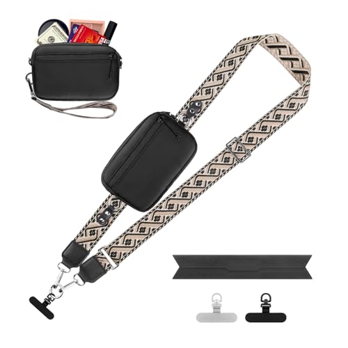 Image of YFWE Clip and Go Strap for Phone with Wallet Crossbody, Adjustable Phone Lanyard with Detachable RFID Wristlet Wallet, Pattern Strap, Black (M)
