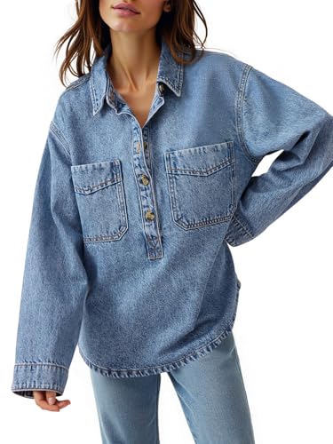 Tankaneo Womens Long Sleeve Denim Tops Casual V Neck Button Down Loose Fit Pullover Jean Shirts