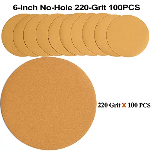 Image of 6-Inch No-Hole Hook and Loop Sanding Discs 220-Grit, Random Orbital Sandpaper for Automotive and Woodworking, 100-Pack
