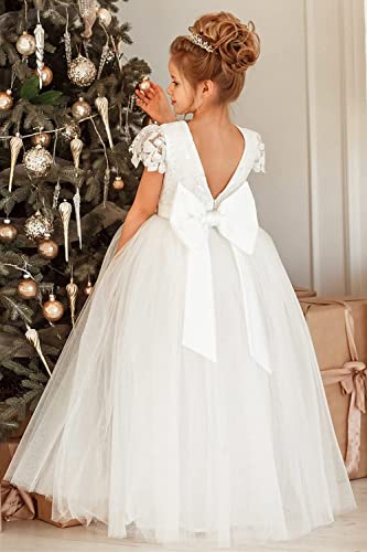 Lace Appliques Flower Girl Dresses Tulle Communion Party Princess Wedding Pageant Ball Gown Dress with Bow3
