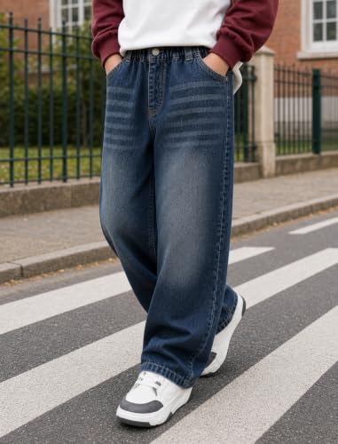JiAmy Baggy Jeans chłopięce szerokie nogawki, gumowy ściągacz, spodnie dżinsowe rozm. 120-170, Nowoczesny niebieski, 150