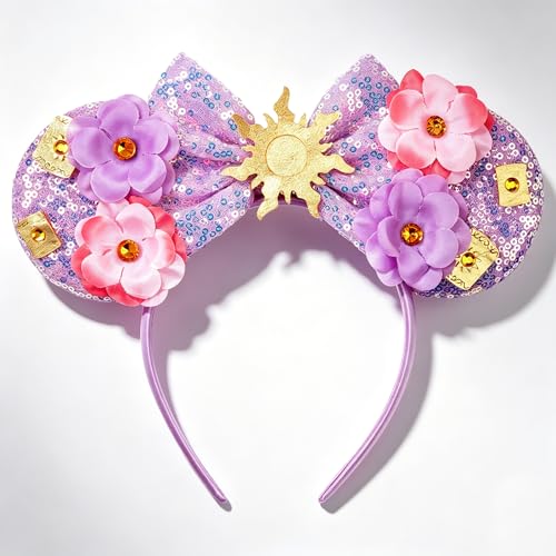bianbaistar Purple Sun Flower Mouse Ears Headband with Sequin Bow Stretchy Lightweight Hair Hoop for Adults & Women Fashion Accessory for Theme Park Party Cosplay