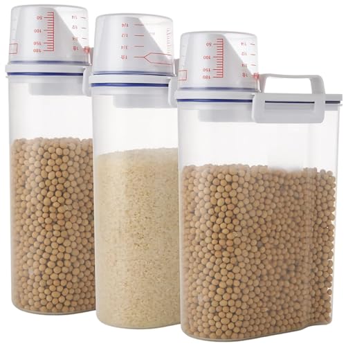 MIVIDE 3 Pack 9.8 Lbs Rice Storage Container, Rice Dispenser Storage Containers, Kitchen Cereal Containers Dispenser with Measuring Cup for Cereal, Oatmeal, Dry Pet Dog Food