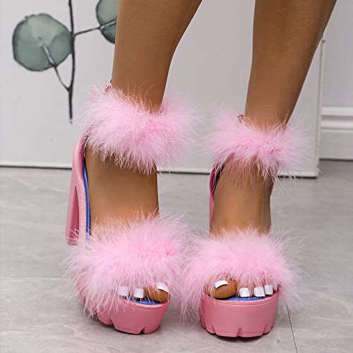YSMIIH Women's Faux Fur Chunky Heel Sandals Platform Open Toe Fuzzy Ankle Strap Sexy Colorful Wedding Dress Heels4
