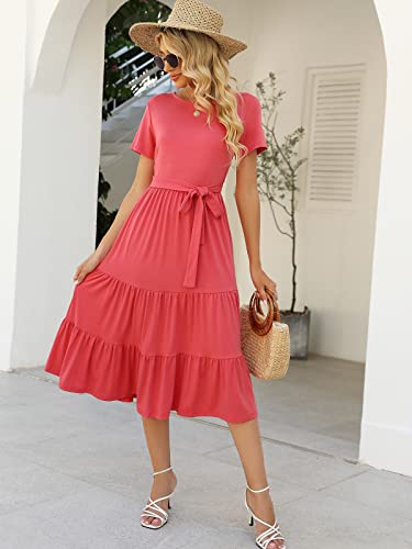 Image of Lyrur Women's Dresses Casual Summer Tiered Midi Dress Short Sleeve Belted Ruffle Babydoll Boho Sundress with Pockets