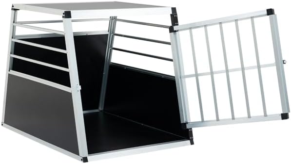 Aluminum Dog & Cat Travel Transport Box – Black & Silver, Portable Pet Carrier Crate with Ventilation, Lockable Door, Durable, Easy to Clean, Space-Saving Trapezoid Design