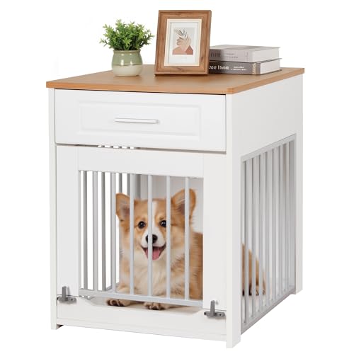 DAWNYIELD Jaula para Perros Pequeños, Mueble Estilo Casa de Madera con Puerta Abatible con Cerradura y Cajón, Corralito Interior para Cachorros Que Sirve como Mesita Auxiliar, Blanco
