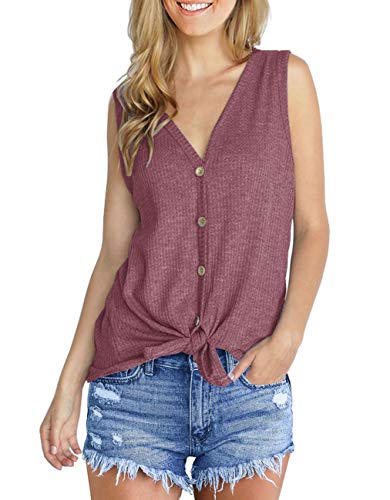 Image of IWOLLENCE Womens Loose Henley Blouse Sleeveless Button Down T Shirts Tie Front Knot Tops