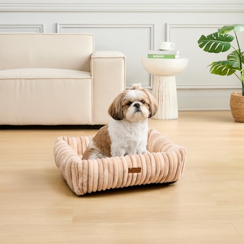Image of Modern Threads Ribbed Plush Two-Tone Cuddler Dog Bed, Ultra-Soft Faux Rabbit Fur, Supportive Bolstered Sides, Removable Washable Cover, Bed for Small to Medium Dogs, Cream, (24 inch L x 20 inch W x 8 inch Th)