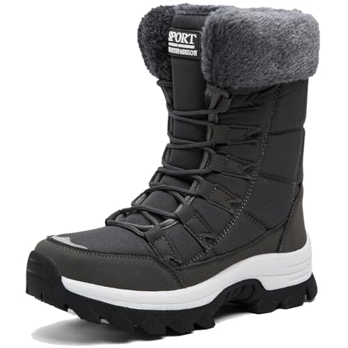 VLOOKST Botas para Mujer Botas de Nieve Botines de Invierno Impermeable Forradas con Pelo Botas de Senderismo Botines de Nieve Botas de Trekking Negro Gris Talla 42