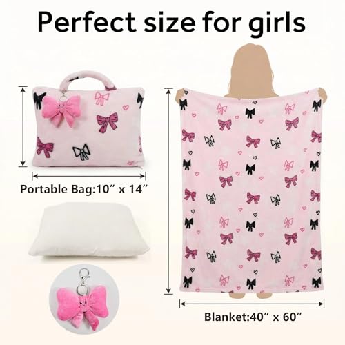 Image of 3-in-1 Kids Travel Blanket and Pillow Set, 40x60 Inch Pink Bow Blanket for Girls,Compact Set with Bow Keychain, Ideal Birthday Travel Essential