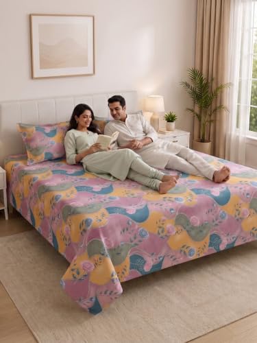 Image of Mafatlal 130 GSM Pearl Luxury Double Bed Sheet with 2 Matching Pillow Covers | 90 x 100 Inches | Elegant Printed Design | Soft Feel, Hassle-Free Wash, Long-Lasting Quality Bedding | Abstract Multi