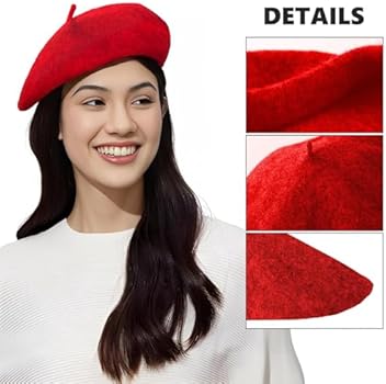 Makoto Nobu Baskenmütze, Französische Klassische Barett Damen Wolle, Vintage Künstlermütze Einheitsgröße für Frühling Sommer Herbst Winter(Rot