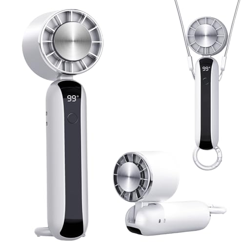 LUCYLANKER Ventilateur Portable Rechargeable avec Plaque de Refroidissement, 3 en 1 Mini Ventilateur à Main avec Écran LED, 3 Vitesses, Mousqueton, Pliable Ventilateur de Bureau pour Voyage, Extérieur