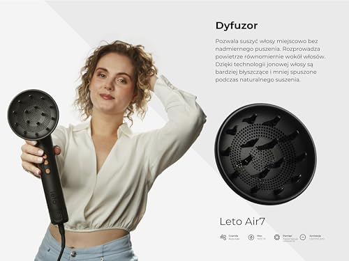 Leto 7 w 1 Hot Air Brush & Hair Dryer – okrągła szczotka, lokówka, prostownica, dyfuzor, koncentrator, Coanda, jonowa, 1400W BLDC