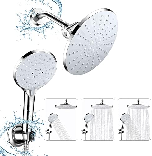 Shower Head Combo-WaterSong Rainfall ShowerHead Handheld Shower Spray with 3 Settings, Self Cleaning Nozzles Anti-Clog High Pressure, Adjustable Holder Full Brushed Nickel Stainless Steel Hose Silver