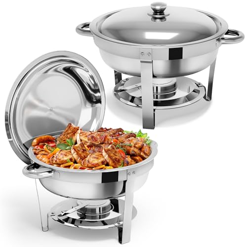 YITAHOME Chafing Dish Buffet Set of 2 Pack, 5QT Round Stainless Steel Buffet Warmers Sets with Food & Water Pan, Lid, Frame, Fuel Holder and Lid Holder for Parties, Wedding, Camping, Dinner
