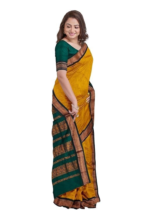 Image of Women's Premium Kanjivaram Cotton Silk Saree South Indian Paithani Sari | Gadwal Cotton Sarees Zari Border with Blouse Piece - Elegant Wedding & Festival Saree | Lightweight & Comfortable Gold 01