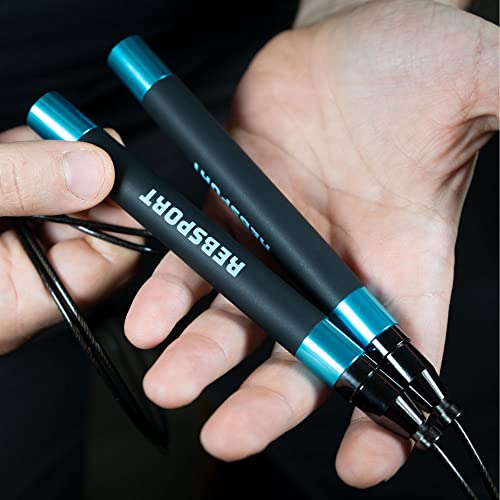 Corda per Saltare Professionale da Crossfit REBSPORT Regolabile e Autobloccante con Polsini in Regalo e 2 Cavi in Acciaio da 2.5mm ideale per double under