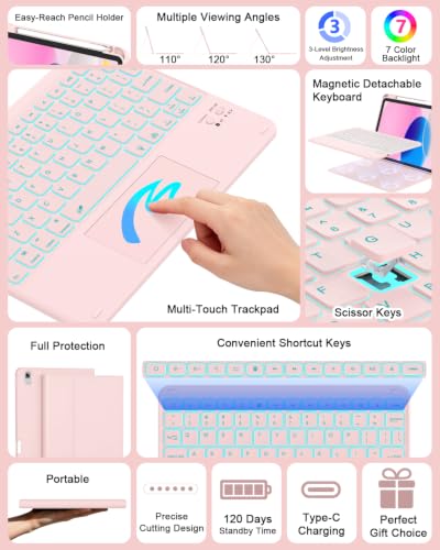 Image of RAYMCRAFT for iPad (A16) 11th /10th Generation Case with Keyboard, 7 Color Backlit, Multi-Touch Trackpad, Folio Case with Pencil Holder, Detachable Wireless Keyboard for iPad (A16) 11th /10th, Pink