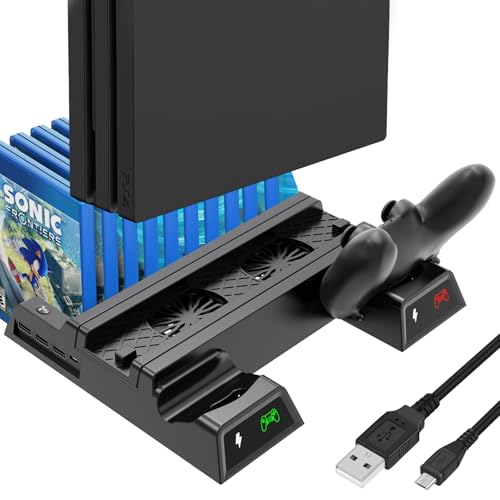 Stand Cooling Fan Station Compatible for PlayStation 4/4 Slim/4 Pro, PlayStation Vertical Stand with Dual Controller Port Charger Dock Station, 12 Game Slots, LED Indicator, USB Fast Charging Station
