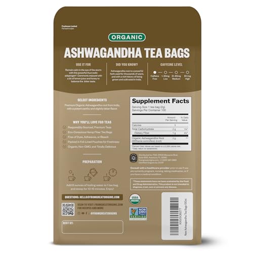 Image of FGO Organic Ashwagandha Tea, 100 Count, Eco-Conscious Tea Bags, Resealable Bag, Packaging May Vary (Pack of 1)