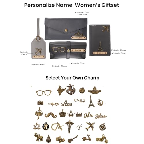 Image of AICA Personalised Name & Charm Womens Leather Combo Gift Set (Grey) | Gifts for Women| Customised Gift Hamper for Woman