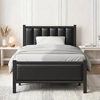 Frost IX Single Bed Frame with Upholstered Headboard, 3ft Metal Beds with Sturdy Steel Slats Support Platform, Black Single Bed with Storage, Noise Free, Easy Assembly, No Box Spring Needed