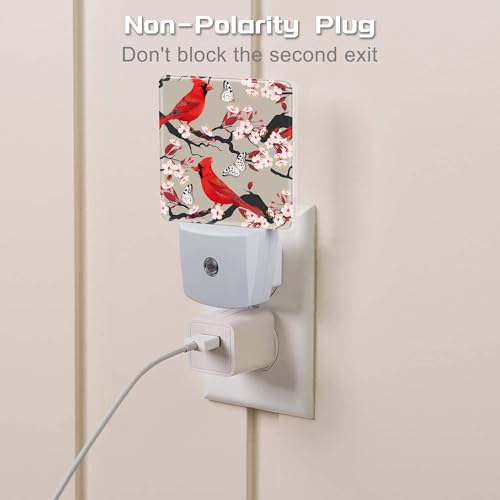 Image of Red Cardinal with Cherry Blossoms Night Light for Kids,Pink Spring Floral Bird Night Light Plug in with Dusk to Dawn Sensor,0.5w Energy Saving Nightlight for Hallway Stairway Kitchen Bedroom