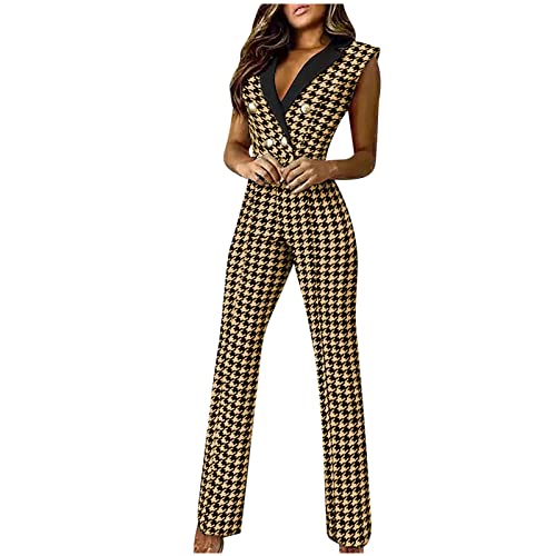 Jumpsuits Overalls for Women Elegant Houndstooth Sleeveless Straight Long Pants Clubwear Button Rompers with Pockets Jumpsuits Overalls for Women Elegant Houndstooth Sleeveless Straight Long Pants Clubwear Button Rompers with Pockets